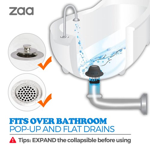 zaa Bathtub Drain Hair Catcher, Premium Silicone Collapsible 2 Pack Drain Protector for Pop-Up & Regular Drains of Shower, Bathtub, Tub, Bathroom, Sink, Black Black