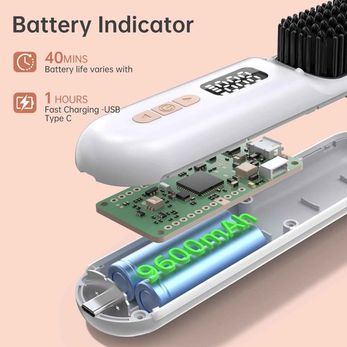 CHRISTINE SHELLY Hair Straightener Brush, Portable Cordless Straightening Brush for Travel, Negative Ion Hot Comb Hair Straightener with 9 Temps for Women, Anti-Scald Ceramic, Fast Charge