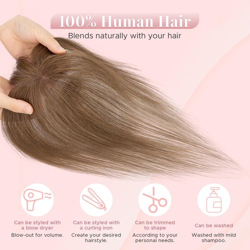 SEGOHAIR Women's Clip In Human Hair Topper, with 360° 3D Cover Air Bangs - for Thinning Hair, Straight, 11 Inch, Medium Brown, 9x12 CM Upgraded Seamless Silk Base, Lightweight, Breathable