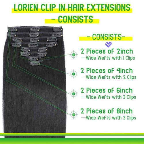 LORIEN Clip in Hair Extensions Real Human Hair, 24 Inch 120g, 1 Jet Black, Clip in 100% Brazilian Remy Human Hair Extensions 8pcs Per Set with 18 Clips Double Weft