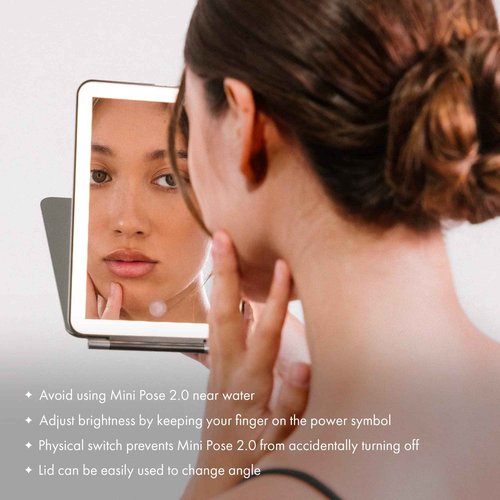Vanity Planet Handheld Makeup Mirror with Lights, Mini Pose 2.0 (Blush) - Travel LED Mirror with 3X & 5X Magnification - Dimmable Lighting & Micro-USB Rechargeable Lighted Compact Mirror