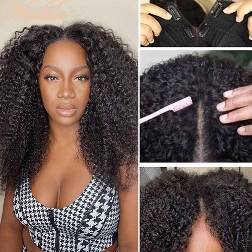 Nadula V Part Wig Kinky Curly Human Hair No Leave Out Glueless Upgraded U Part Wigs for Women,10A Malaysian Afro Curly V-part Wigs V Shape Clip in Half Wig Beginner Friendly 150% Density 14inch