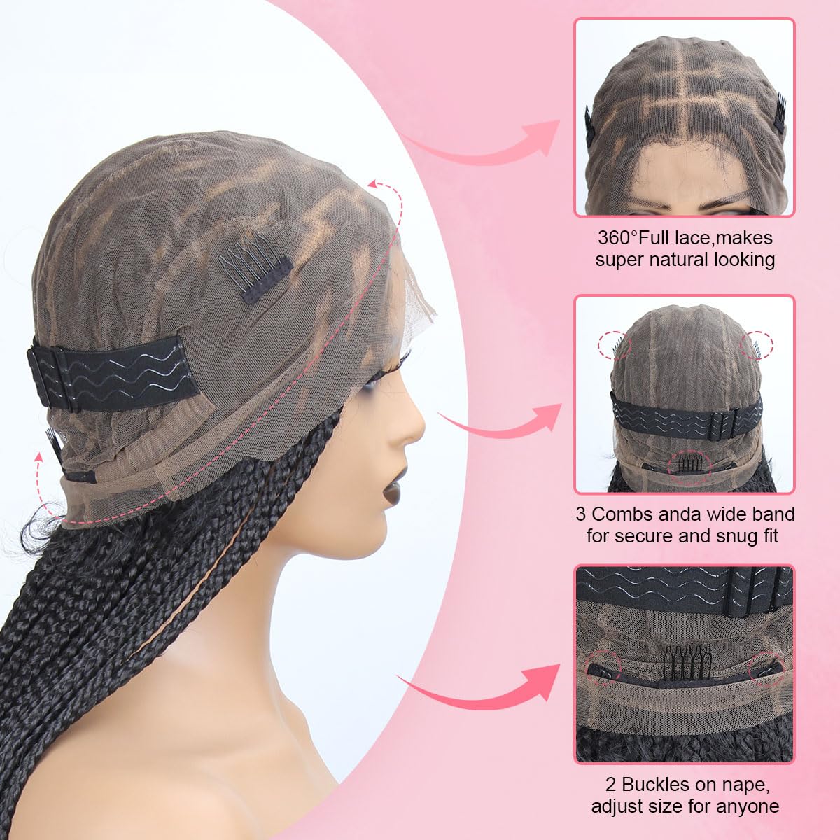 lounoke 36 Inch Braided Wigs With Curly Ends, 360 Single Full Lace French Curl Braided Wigs for Black Women Knotless Box Braid Wig with Baby's Hair