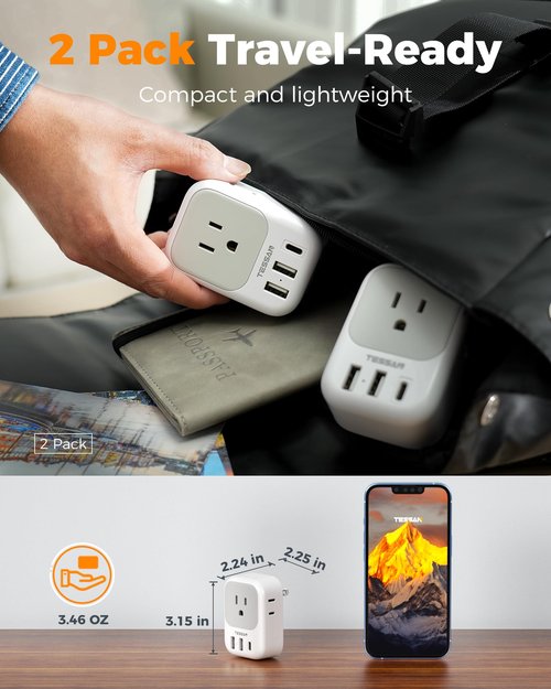 US to Japan Plug Adapter 2 Pack, TESSAN 2 Prong to 3 Prong Outlet Adapter with 4 Outlets 3 USB (1 USB-C), Outlet Adaptor US to Japan China Mexico Philippines Canada Peru Thailand Vietnam