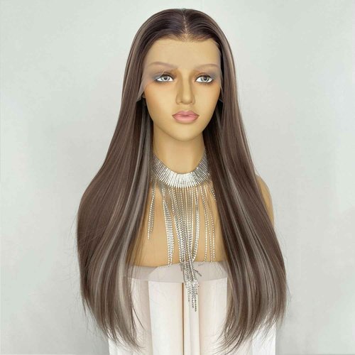 CIMITIKI Ash Brown Flaxen Color Wigs Highlight Blonde Hair 13x4 Lace Front Wig Long Silk Straight Synthetic Fiber 22Inch for Women