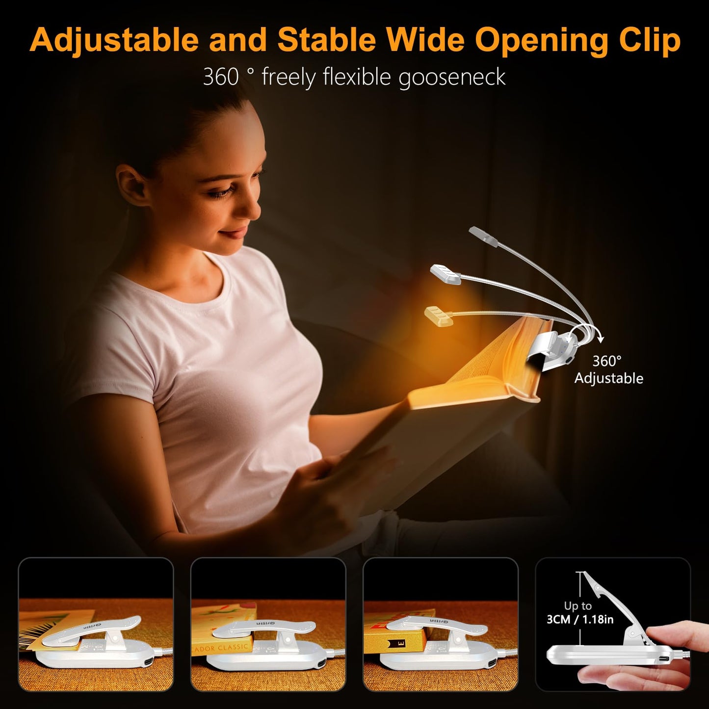 Gritin Rechargeable Book Light for Reading in Bed with 19 LED &Memory Function-Eye Caring 3 Color Temperatures,5 Brightness Levels,80 Hrs Runtime Flexible Goose Neck Clip on Light-White