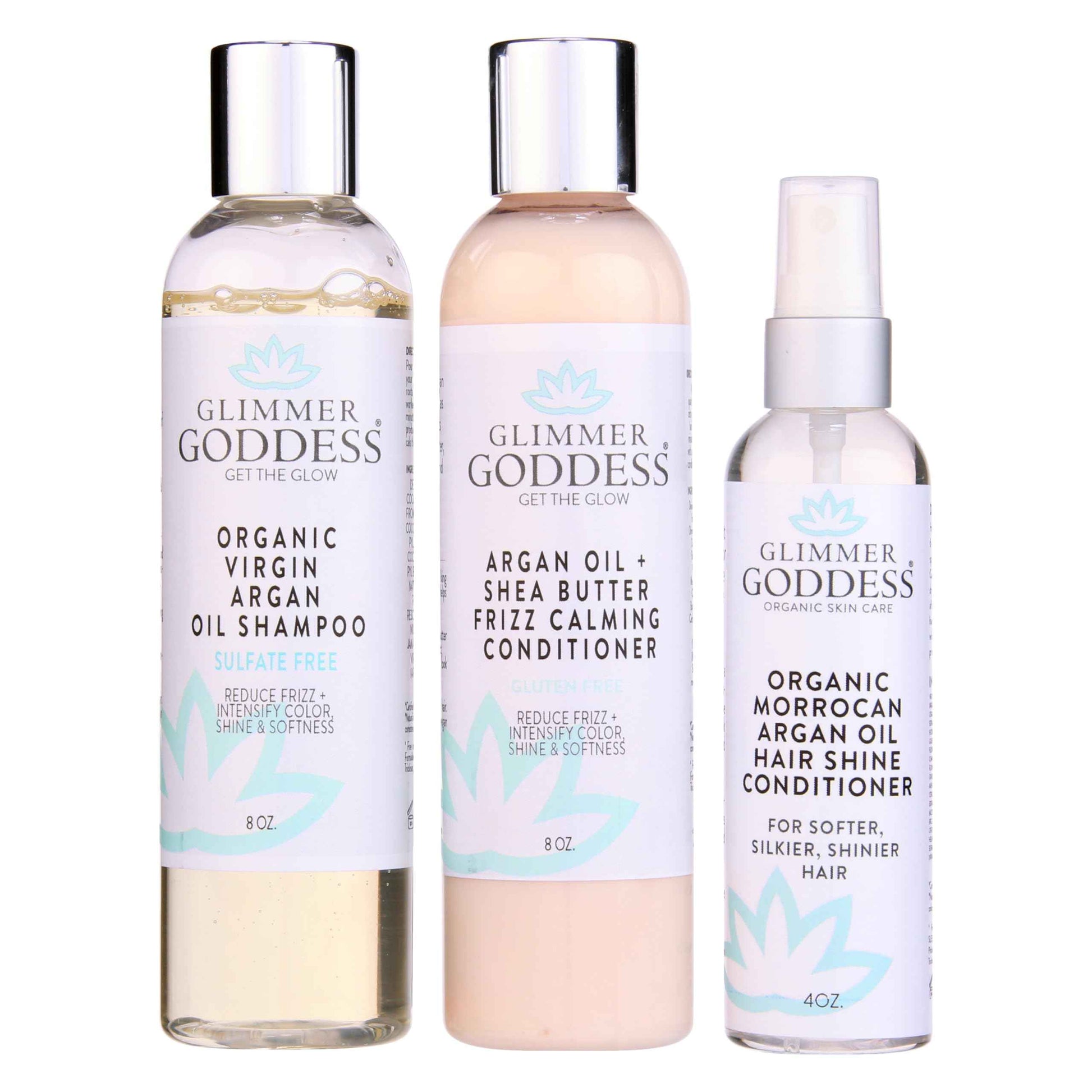 Glimmer Goddess Organic Argan Oil Hair Treatment Trio, Hydrating Shampoo, Deep Conditioner, Hair Shine Spray
