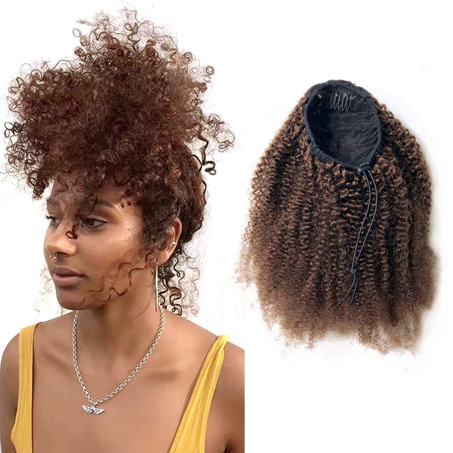 GREEMEO Afro Puffy Human Hair Ponytail Extensions Drawstring 100% Real Remy Hair Afro Kinkys Curly Bun Extension With Two Combs #4 Medium Brown 10 Inches