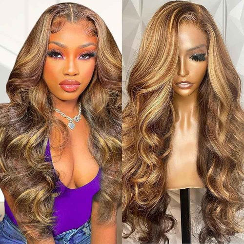 Sunelk 13x6 Lace Front Wigs Human Hair 200 Density Honey Blonde Ombre Highlight Body Wave Lace Front Wigs Human Hair Pre Plucked HD Lace Frontal Glueless Wig for Women 4/27 Colored 22 Inch