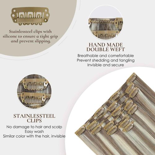 EYEFULL STELL Clip in Hair Extensions Real Human Hair 16 inch 120g 7PCS Natural Straight Remy Ash Brown Highlights Platinum Blonde Clip on for Women Invisible Double Weft Layered Thick Clip ins Hair