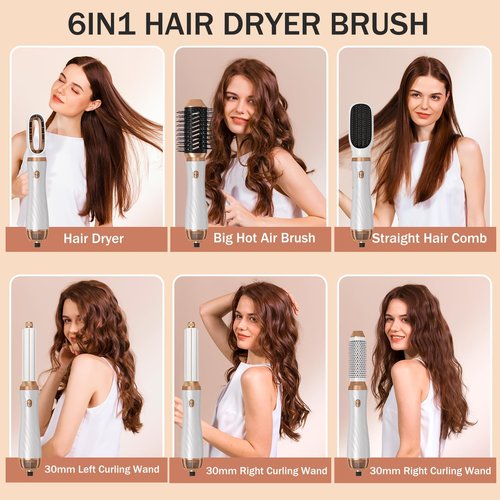 6 in 1 Blow Dryer Brush, Detachable Hair Dryer Brush Air Curler Air Styler Wrap, Curly Twist Hot Curling Iron, Blow Dryer Hot Styler Negative Ion, Travel Hair Styling Tool