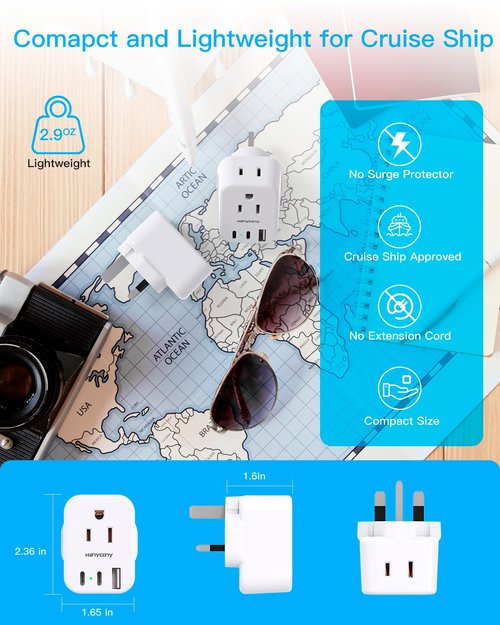 US to UK Ireland Travel Plug Adapter, HANYCONY Type G Travel Adapter 2 Outlets 3 USB Ports(2USB C), UK Power Adapter Converter for USA to Dubai England London Scotland British Kenya Irish Hongkong