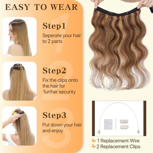 TESSHAIR Halo Hair Extensions 14 Inch, 100% Real Human Hair, No Tangle & Smooth, Invisible Wire Extensions for Women, 60g, Wavy Curly #Wavy Medium Brown Mixed Dark Blonde