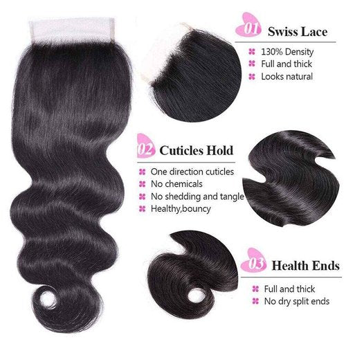 UNice Hair Body Wave 4x4 lace Closure Free Part, Unprocessed Brazilian Human Virgin Hair Swiss Lace Closure Natural Black Color 14 inch