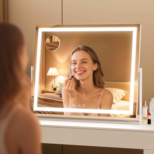 Batuso Vanity Mirror with Lights, 30'' x 22'' Lighted Makeup Mirror, Touch Screen with 3-Color Lighting, Dimmable for Vanity Desk Tabletop Square White