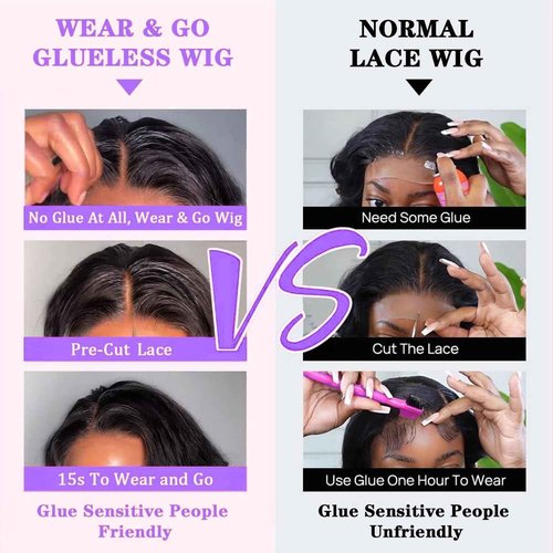 Wear and Go Glueless Wigs Human Hair Pre Plucked Pre Cut Body Wave Bob Wig for Black Women 4x4 Lace Closure Glueless Wigs Black Wig Bleached Knots 180% Density 12 Inch