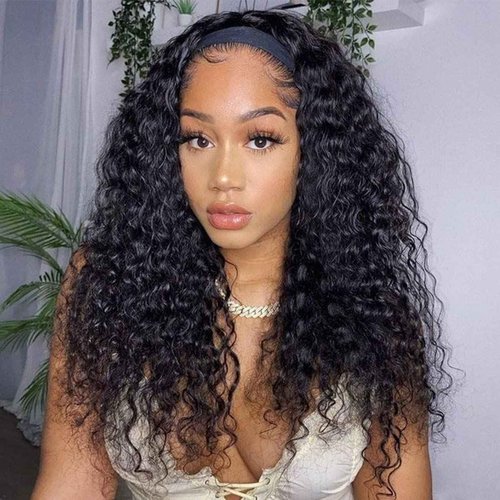 Aiterina Headband Wig for Black Woman 20 inch Brazilian Human Hair Wigs Deep Curly Wave Headband Wig Natural Color