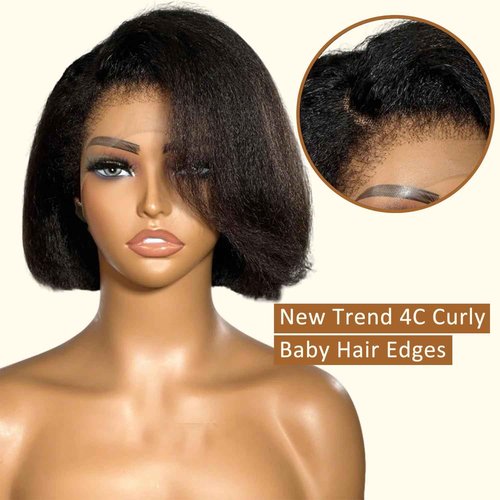Msviki 4C Edges Baby Hair Kinky Straight Human Hair Wig Glueless Side Part Short Yaki Bob Wig Human Hair Thick End UHD 13x4 Lace Front Wig Pre-Bleached Natural Color Brazilian Virgin Hair 10"
