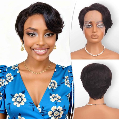 RUWISS Short Human Hair Wigs for Black Women Pixie Cut Wave Lace Front Human Hair Wig with Side Part Bangs for Women, Natural Hairline 100% Real Human Hair Wigs Short Bob Wig Daily Wear, Natural Black