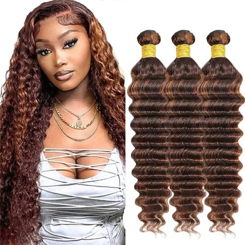 P430 Highlight Brown Bundles Human Hair Dark Brown Deep Wave 3 Bundles 20 20 20 Inch Unprocessed Brazilian Virgin Remy Hair Chocolate Brown Human Hair Extensions