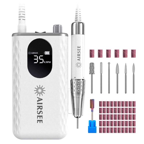 AIRSEE 35000 RPM Professional Electric Rechargeable Nail Drill File Machine for Acrylic Extension Gel Dip Powder Powerful Cordless Portable Efile 56 Sanding Bands 7 Bits LCD Scrn Salon Manicure Use G7