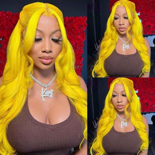Gurdasa Yellow Wig Human Hair 13x4 Yellow Human Hair Wig 200 Density Body Wave Lace Front Wig Human Hair Colored Lace Front Wigs Pre Plucked with Natural Hairline HD Frontal Wigs for Parties 28 Inch