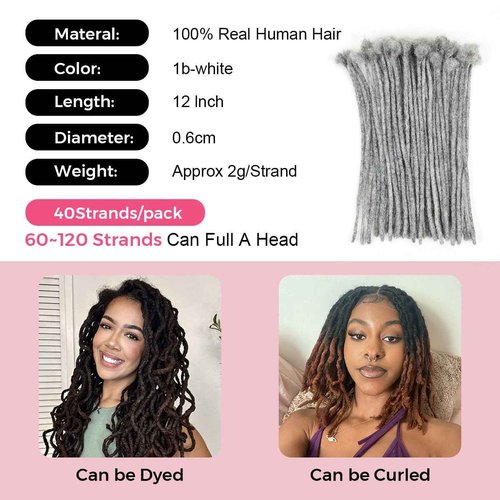 Lounoke12Inch 40 Strands Loc Extensions Human Hair, 0.6cm Pencle Size Dreadlock Extensions Human Hair for Women Men Full Handmade Permanent Dreads Locs(salt)