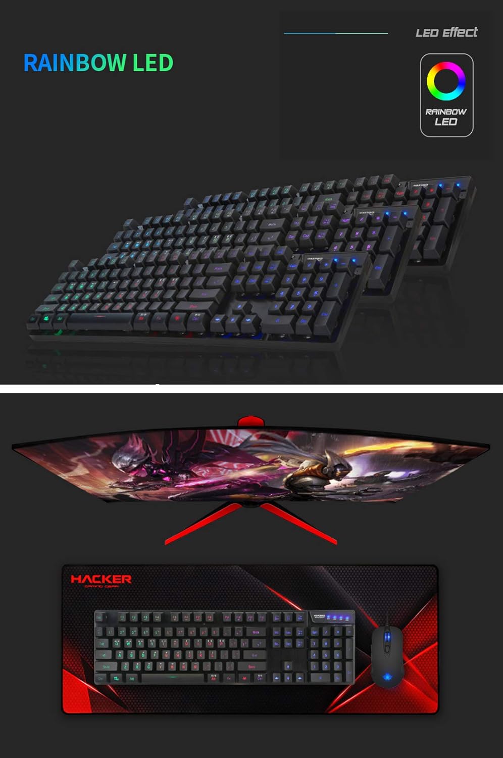 ABKO KM350 Desktop Keyboard & Mouse Gaming Combo Rainbow LED, 19 Key Anti-Ghosting, Max 3200 DPI English/Korean Type