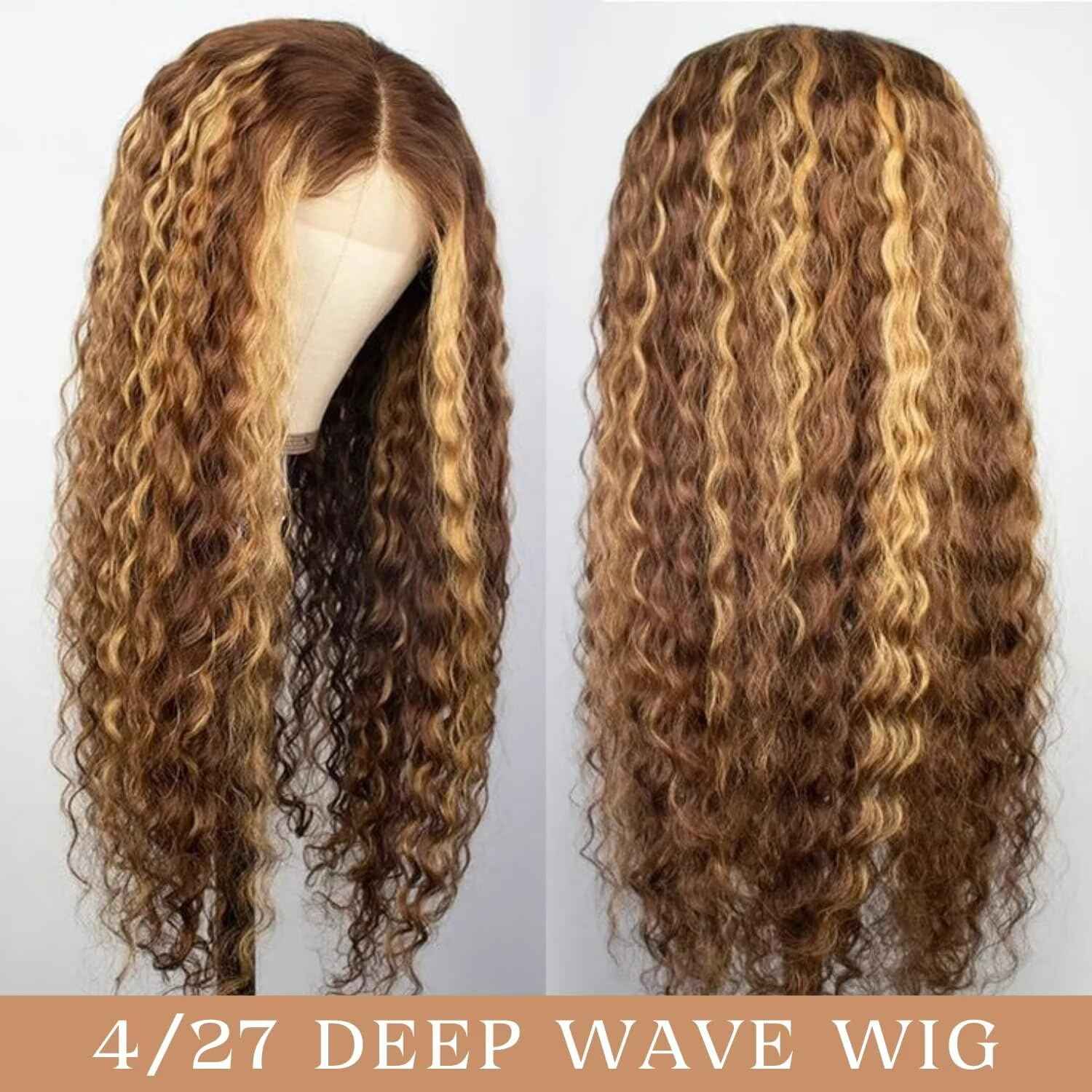 Highlight Ombre Lace Front Wigs Human Hair Honey Blonde Deep Wave 13x6 HD Transparent Lace Frontal Wigs Human Hair P4/27 Colored Curly Wig for Women 180% Density Glueless Pre Plucked 24 Inch Wig