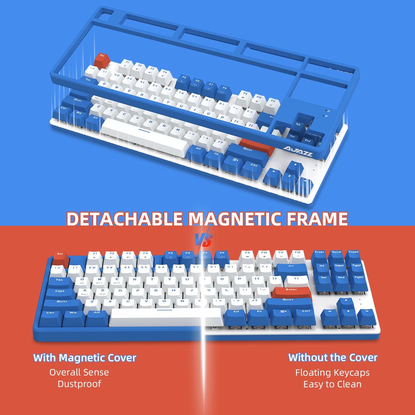 A.JAZZ Wireless Mechanical Keyboard, 87 Keys TKL Hot Swappable Bluetooth Gaming Keyboard, Dual Mode BT5.0/2.4G with Detachable Frame, USB Hub OEM Keycaps Custom Keyboard for PC MAC PS4(Red Switch)