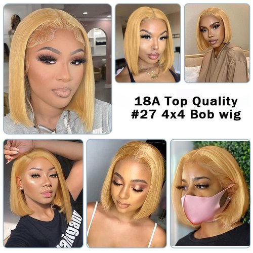 MUPRETTY 18A Raw Hair Blonde Bob Wigs Human Hair 4x4 Lace Closure Wig 27# Honey Blonde Wig Human Hair Keep Silky And Smooth After Multiple Washes(14Inch)