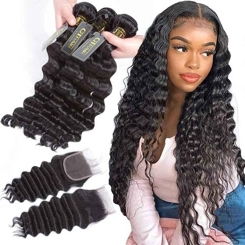 QTHAIR 16A loose Deep Wave Bundles with Closure for Black Women(12 14 16+10)100% Unprocessed Brazilian Deep Wave Human Hair 3 Bundles with 4X4 Lace Closure Free Part Natural Color