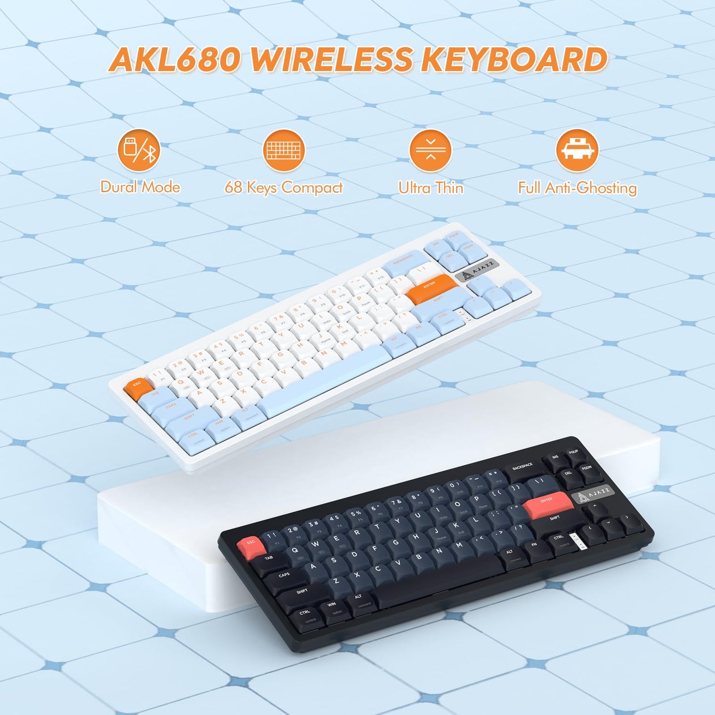 A.JAZZ AKL680 65% Low Profile Wireless Mechanical Keyboard, BT/2.4Ghz Dual Mode 68 Keys Gaming Keyboard with Ultra-Thin Red Switches for PC/Laptop/Windows/Mac(Blue/White)