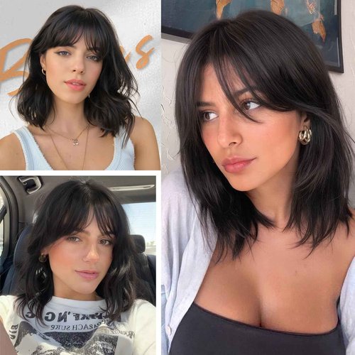 FAVE 14 Inches Human Hair Wig with Bangs Natural Wave Wig with Bangs Realistic 1×3 HD HD Lace Top,Natural Bangs and Color,Silk Texture
