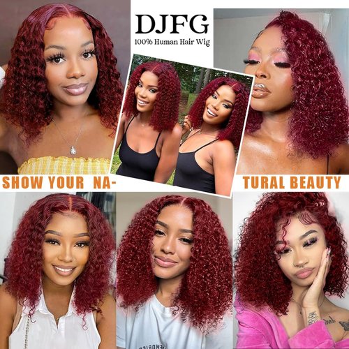 DJFG Deep Wave Lace Front Wigs Human Hair Curly Wig Human Hair HD Frontal 200 Density 13x6 Lace 99j Burgundy Red 14 Inch