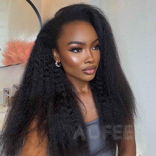 AOFEER Kinky Straight 3 in 1 Half Wig Human Hair 200 Density Upgrade Headband Wig No Glue Seamless Flip Over Yaki Straight Wig with Drawstring Wear and Go Glueless Wigs for Women 18 Inch