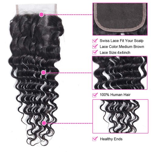 10A Deep Wave Human Hair Bundles with Closure 14 16 18+12 Brazilian Deep Weave Curly Human Hair 3 Bundles with 4x4 Lace Closure Remy Unprocessed Virgin Human Hair Bundle Natural Color
