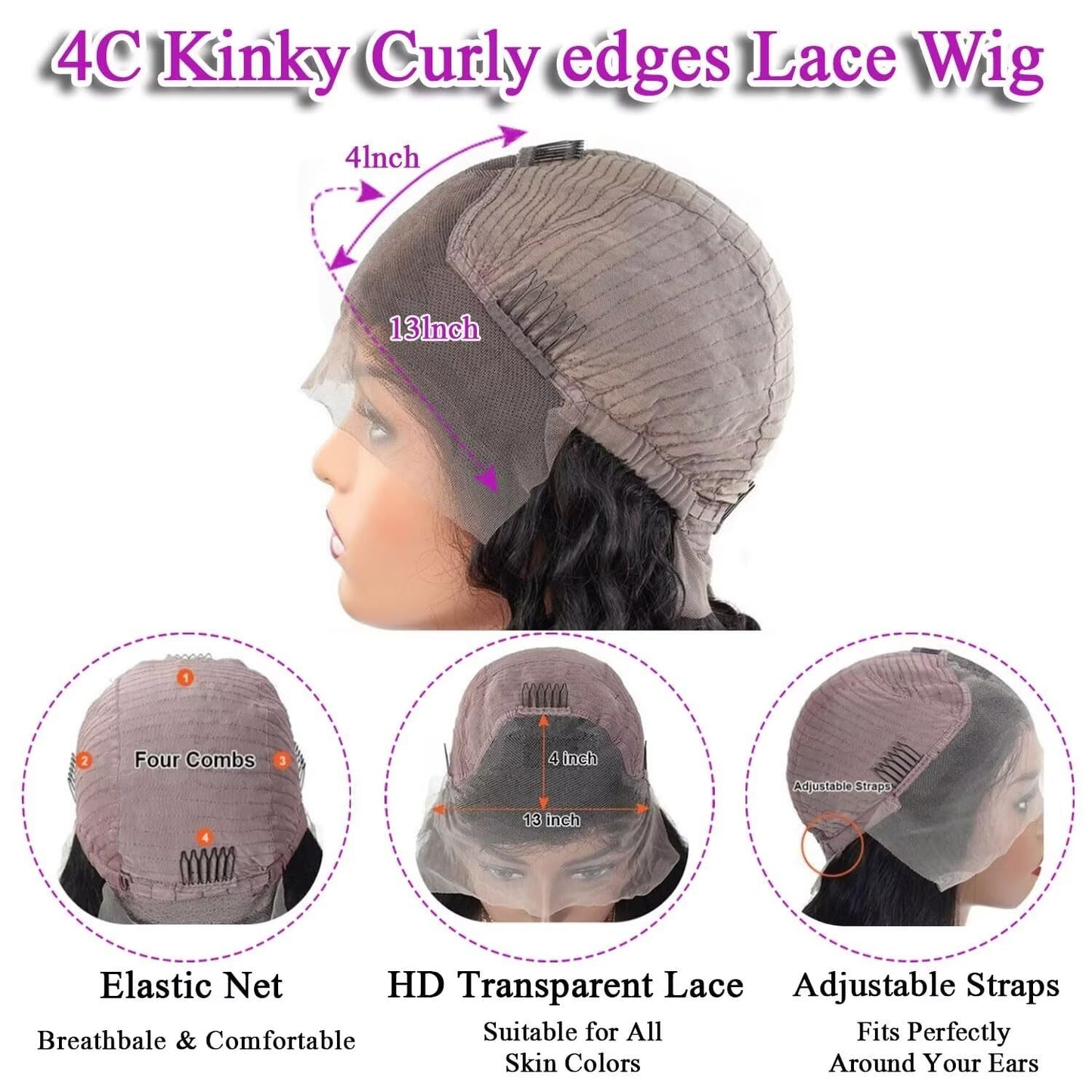 13X4 Lace Front Wig With Curly Edges Hairline 180% Density Kinky Straight Human Hair Wigs for Black Women Yaki Straight HD Lace Wig with Curly Baby Hair Glueless Wigs for Women Natural Black 20 Inch