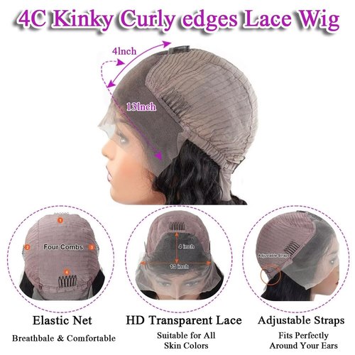 13X4 Lace Front Wig With Curly Edges Hairline 180% Density Kinky Straight Human Hair Wigs for Black Women Yaki Straight HD Lace Wig with Curly Baby Hair Glueless Wigs for Women Natural Black 18 Inch