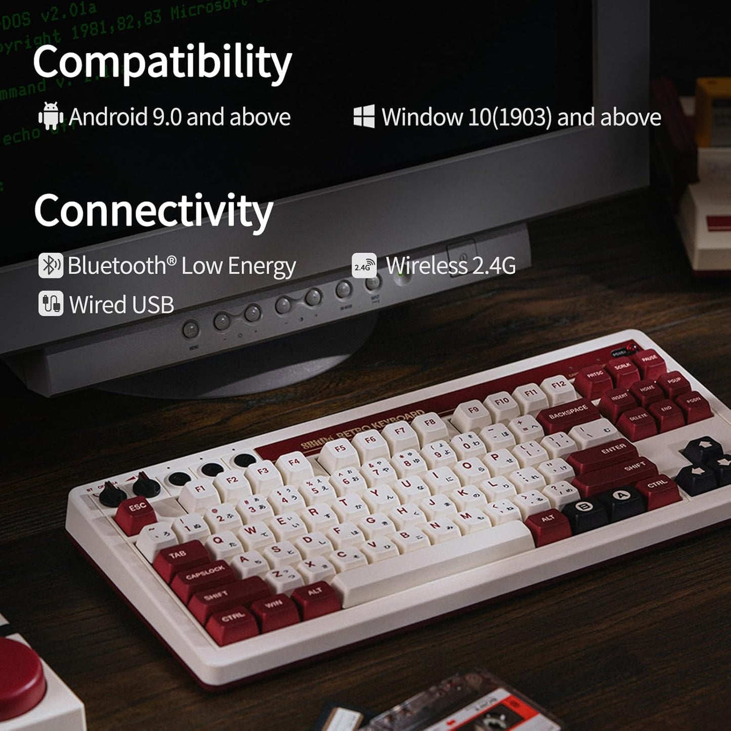 AKNES 8BitDo Retro 108 Mechanical Keyboard, Hot Swappable Gaming Keyboard with 108 Keys&Integrated Numpad, Dual Super Buttons, Bluetooth/2.4G/USB-C Keyboard for Windows & Android - N Edition