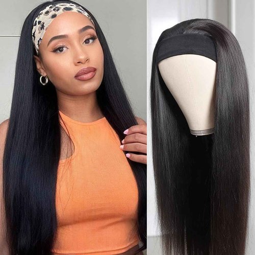 Unvizossa Headband Wig Straight Human Hair Wigs for Black Women Glueless None Lace Front Human Hair Brazilian Virgin Hair Machine Made Headband Wigs 150% Density Natural Color 24 Inch