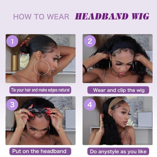 Prisyfab Body Wave Headband Wig Headband Wigs for Black Women Human Hair Glueless Wear and Go Glueless 100% Brazilian Virgin Human Hair Headband Wig 150% Density (22inch)