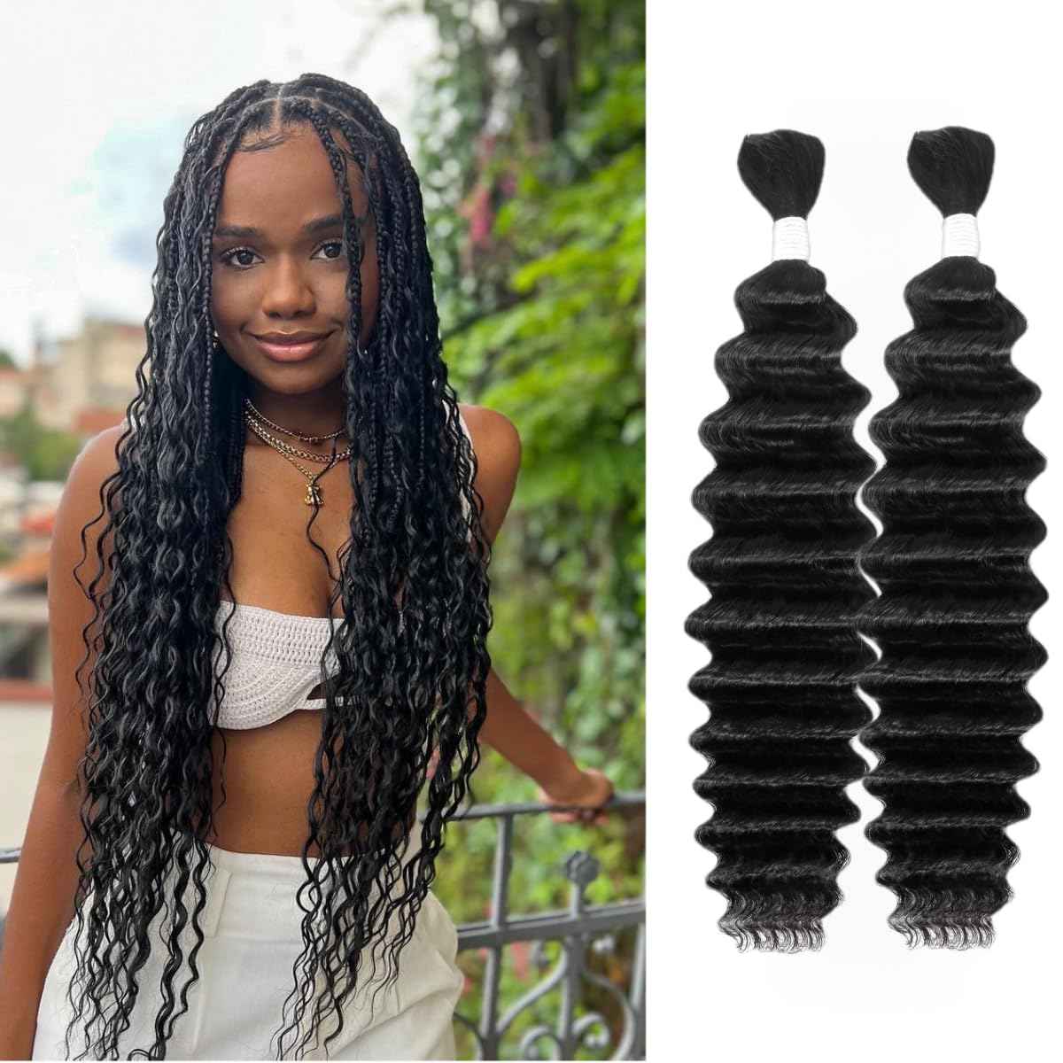 Human Braiding Hair Deep Wave Bulk Human Hair for Braiding Bohemian Knotless 2 Bundles 100g 20Inch No Weft 10A Brazilian Virgin Human Hair Extensions Curly Bulk Human Hair for Boho Braids