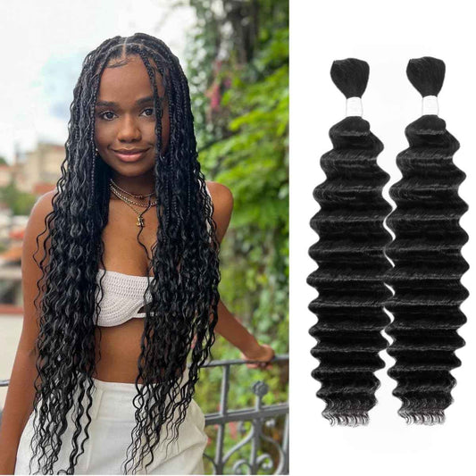 Human Braiding Hair Deep Wave Bulk Human Hair for Braiding Bohemian Knotless 2 Bundles 100g 20Inch No Weft 10A Brazilian Virgin Human Hair Extensions Curly Bulk Human Hair for Boho Braids