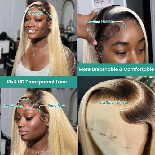 Munx Blonde Wear and Go Glueless Wig Human Hair 13x4 HD Lace Front Wigs for Women 180% Density Pre Plucked with Baby Hair Colored Straight Ombre Blonde 1b613 Lace Wigs 16 Inch