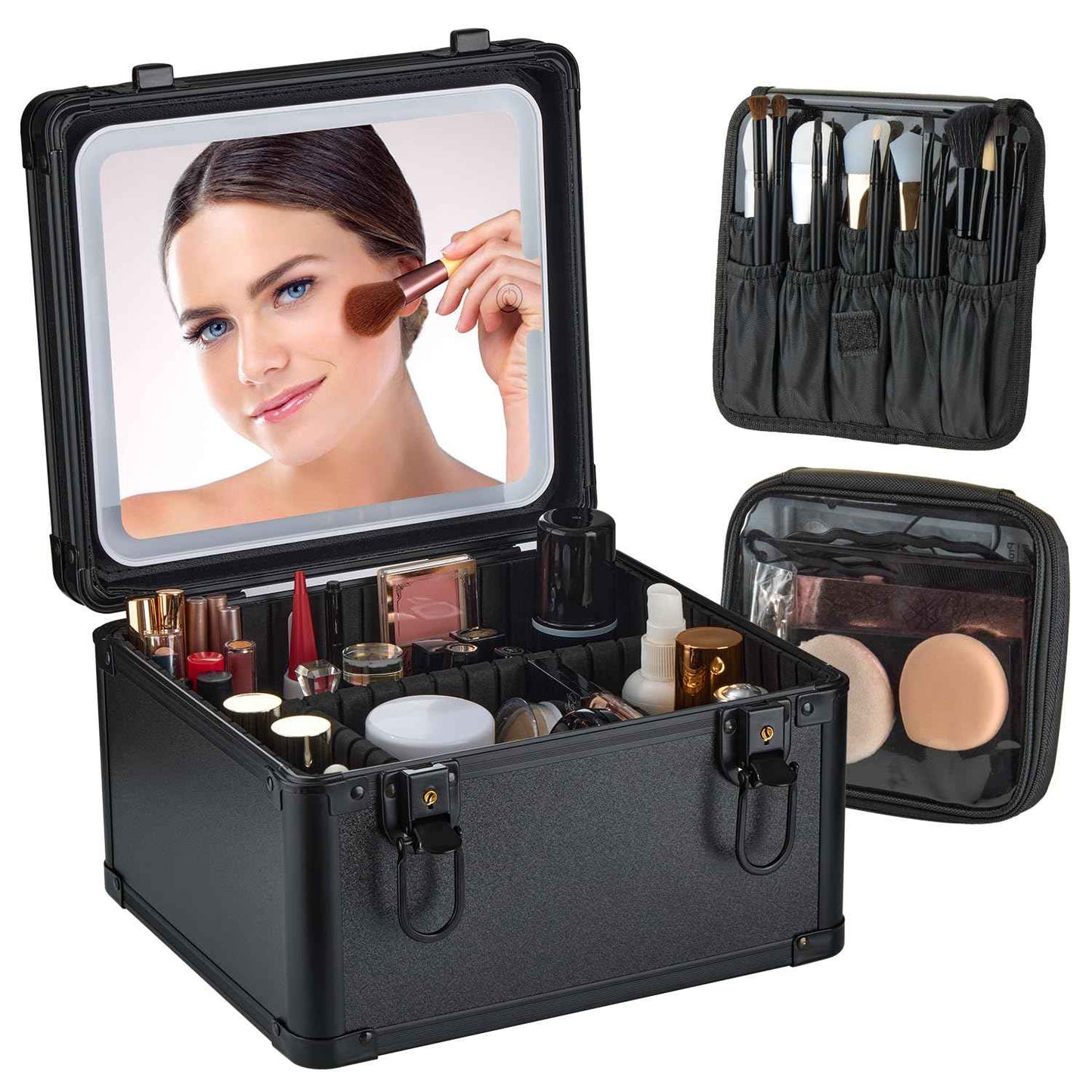 Makeup Case with Lighted Mirror, Travel Makeup Bag Organizer with 3CCT LED Mirror, Cosmetic Bag for Women with Adjustable Divider, Makeup Storage Box with Lock, Waterproof Travel Train Case