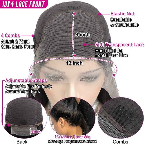 Hermosa 13x4 Lace Front Human Hair Wigs Pre Plucked with Baby Hair 180 Density 9A Straight Human Hair Lace Front Wigs for Black Women Black Color 14 Inch