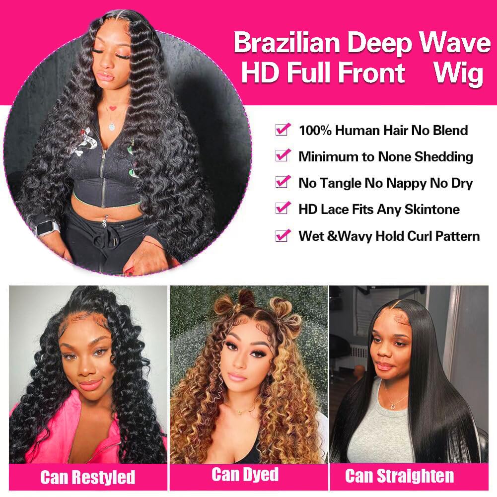 Karlami 5X5 Deep Wave Lace Front Wigs Human Hair Wet and Wavy Human Hair HD Lace Closure Wigs Glueless Wigs Human Hair Pre Plucked 180% Density Wig (5X5 Black, 22 inch, Deep Curly)