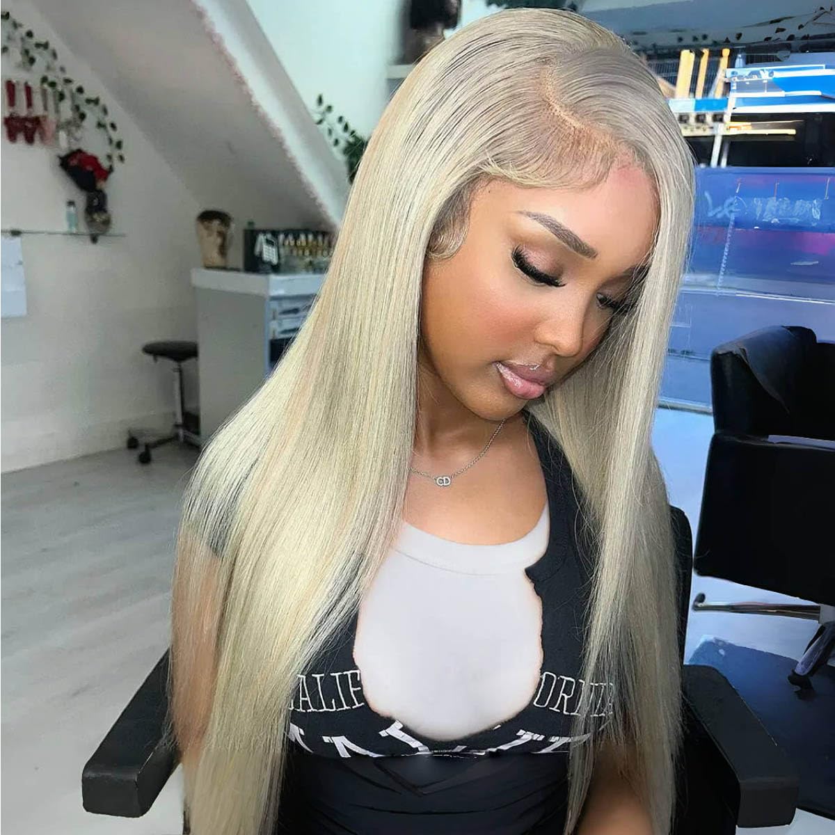 Orijodie Grey Ash Blonde Highlight Wig Human Hair 13X4 HD Balayage Glueless Wigs for Women Ash Brown with Platinum Blonde Highlight Lace Front Wig Human Hair Pre Plucked Straight 180% Density 22Inch