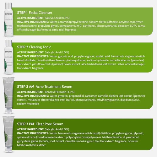Exposed Skin Care, Basic Acne Treatment Kit with 2.5% Salicylic Acid and 3.5% Benzoyl Peroxide to Clear Up Teen, Adult, Hormonal and Cystic Acne – Natural, Non-toxic and Cruelty Free